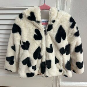 Mayoral Kids Heart Print Faux Fur Jacket - Cream and Black